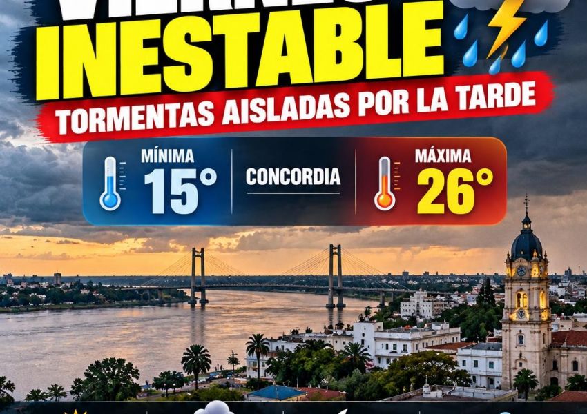 Viernes inestable en Concordia: máxima de 26 grados y posibilidad de tormentas durante la tarde