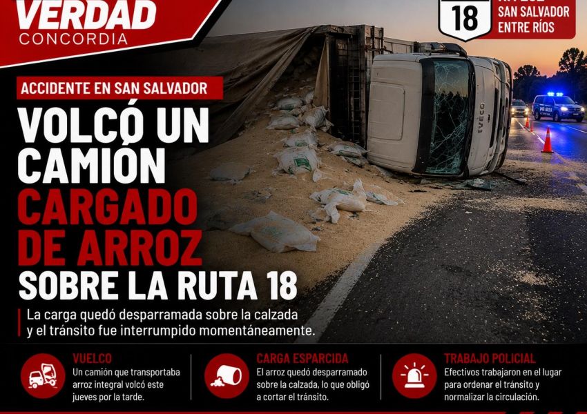 Volcó un camión cargado de arroz sobre la Ruta 18 y el tránsito estuvo interrumpido
