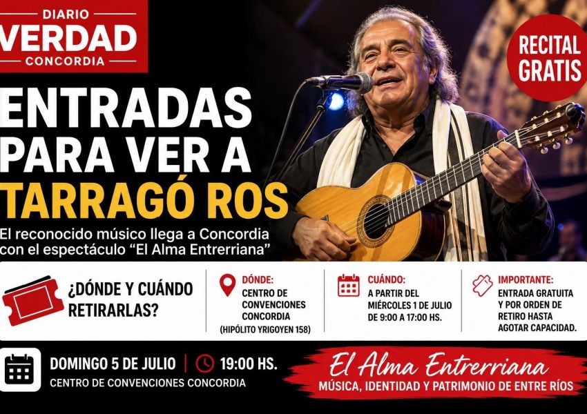 Ya se pueden retirar las entradas para el recital gratuito de Antonio Tarragó Ros en Concordia
